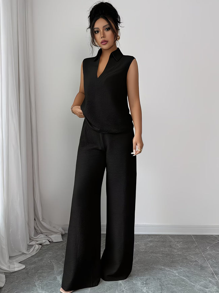 V-neck sleeveless top and loose straight-leg pants set