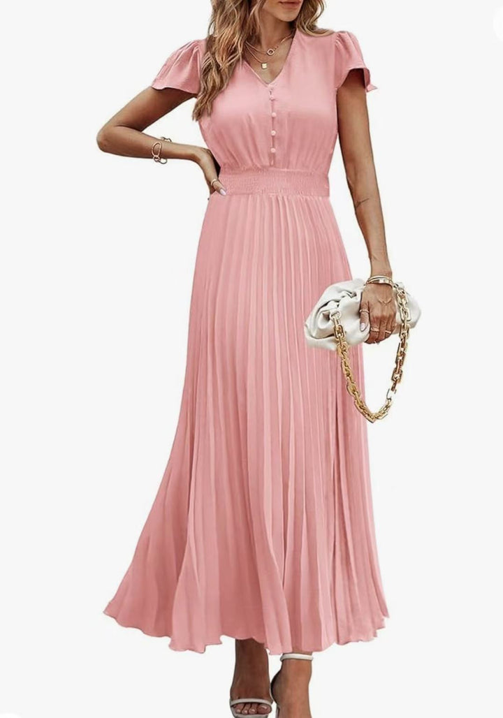 V-neck women's short-sleeved belted pleated dress