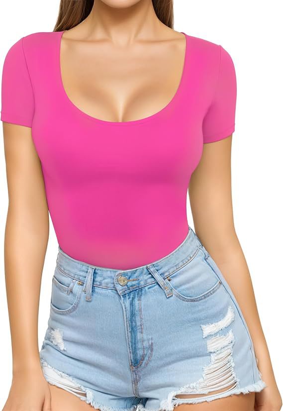 Women's low-cut round neck short-sleeved slim-fit T-shirt