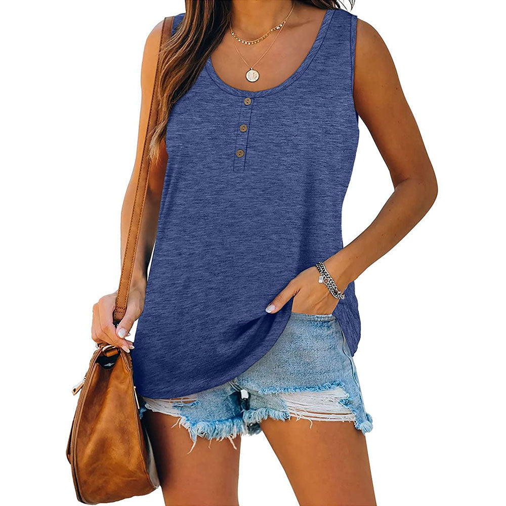 Solid color button loose crew neck sleeveless t-shirt