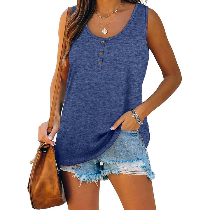 Solid color button loose crew neck sleeveless t-shirt