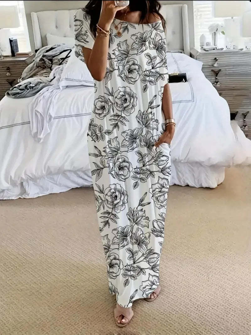 Solid color short-sleeved long casual dress