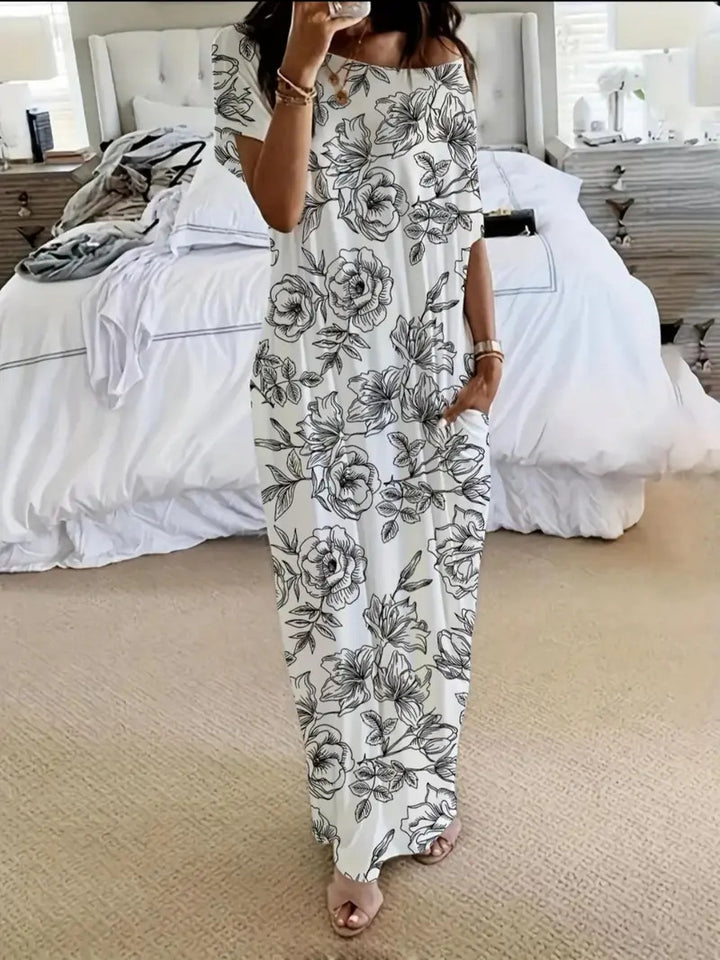 Solid color short-sleeved long casual dress