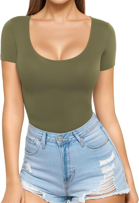 Women's low-cut round neck short-sleeved slim-fit T-shirt