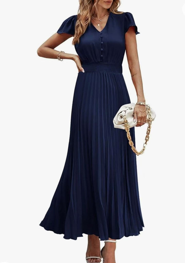 V-neck women's short-sleeved belted pleated dress
