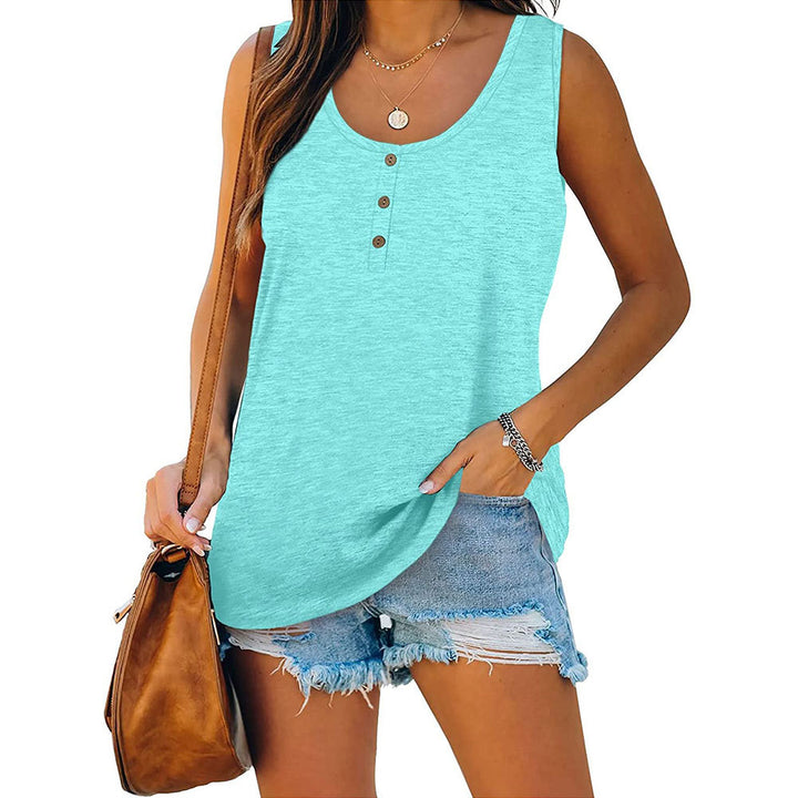 Solid color button loose crew neck sleeveless t-shirt