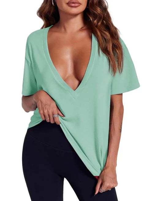 Solid color deep V-neck short-sleeved T-shirt