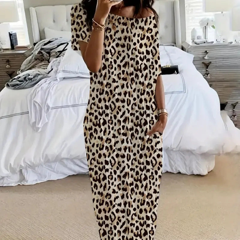 Solid color short-sleeved long casual dress