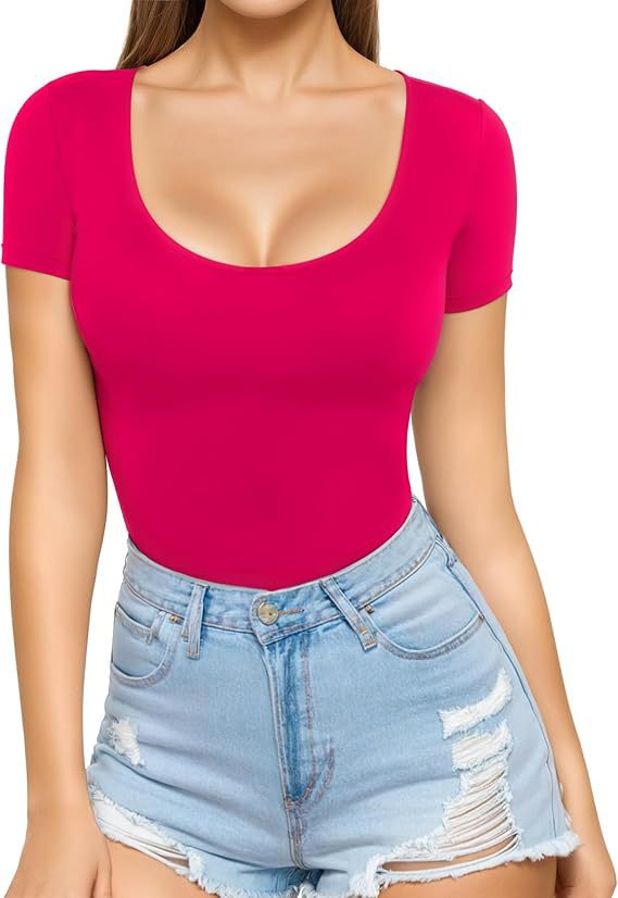 Women's low-cut round neck short-sleeved slim-fit T-shirt