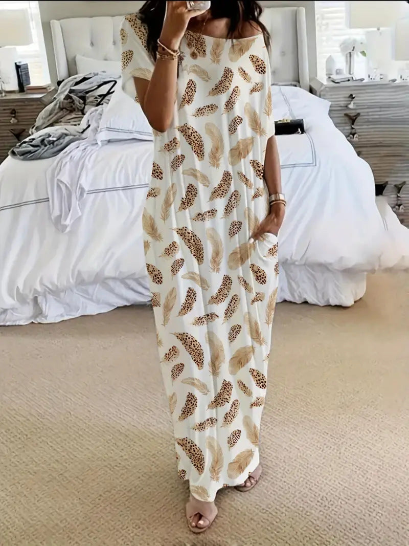 Solid color short-sleeved long casual dress