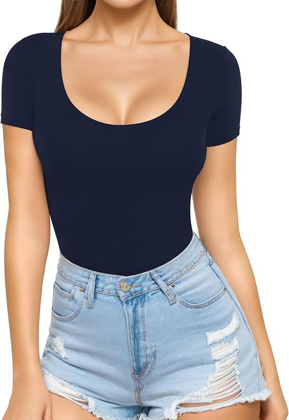 Women's low-cut round neck short-sleeved slim-fit T-shirt