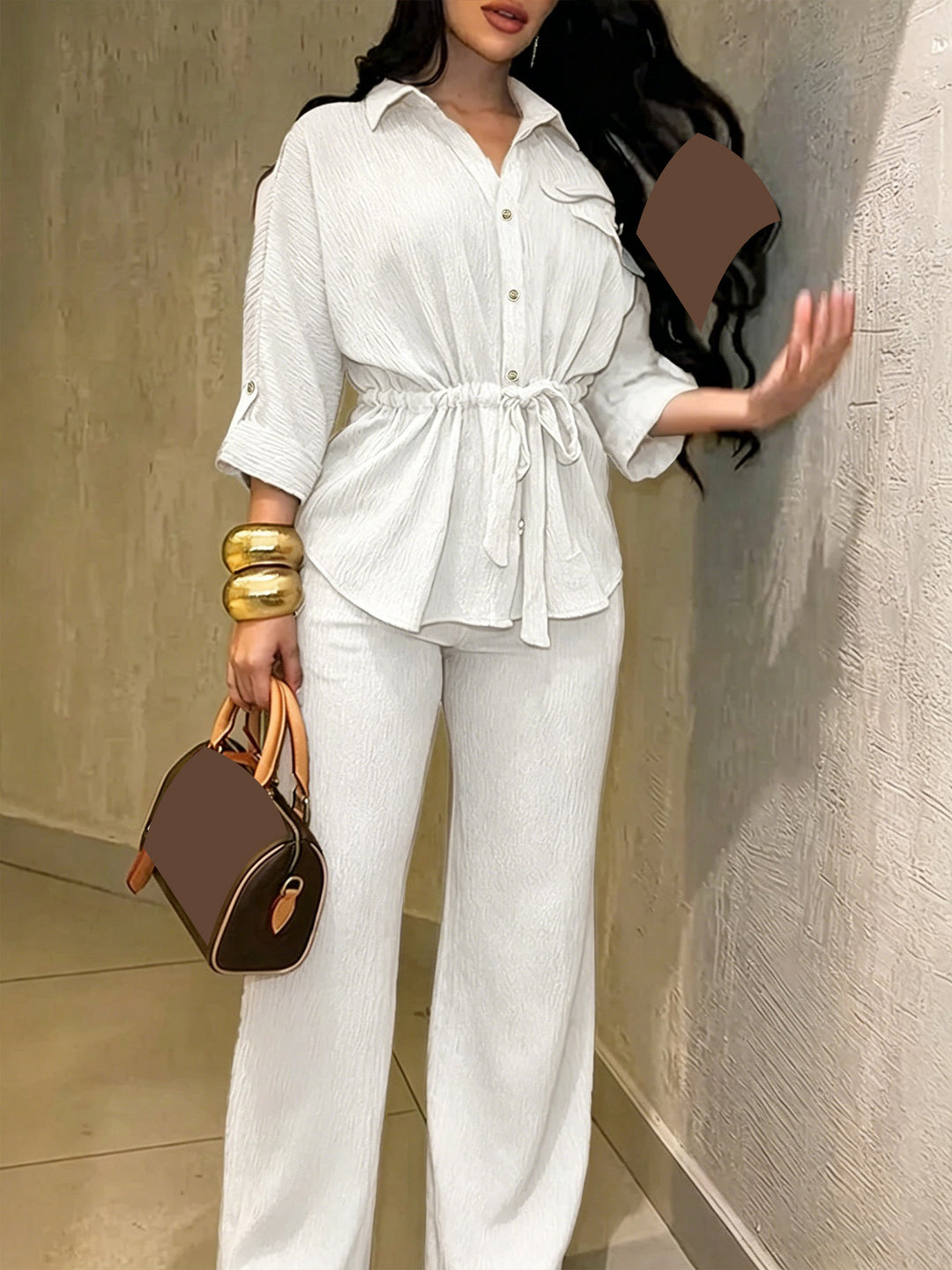 Drawstring top and elastic waist wide-leg pants set