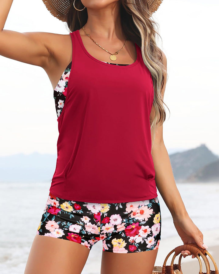 Printed open-back three-piece swimsuit