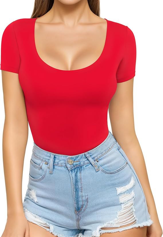 Women's low-cut round neck short-sleeved slim-fit T-shirt