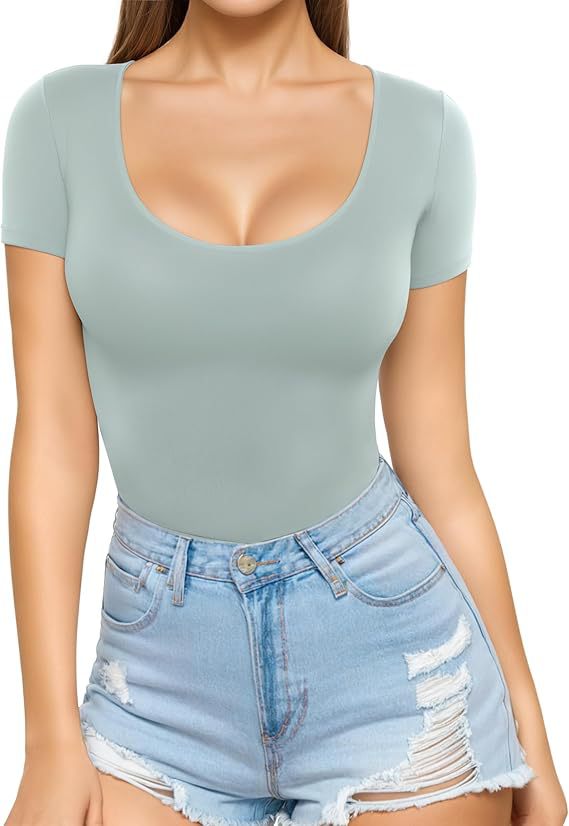 Women's low-cut round neck short-sleeved slim-fit T-shirt