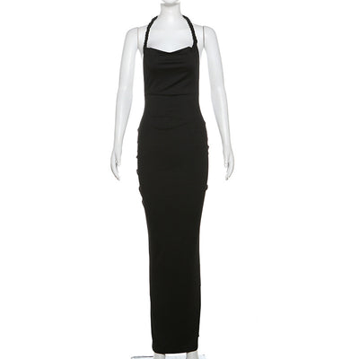 Summer Women's New Hanging Neck Backless Drawstring Long Dress Dress