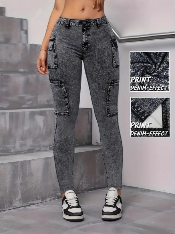 Elastic Digital Printed Faux Jeans