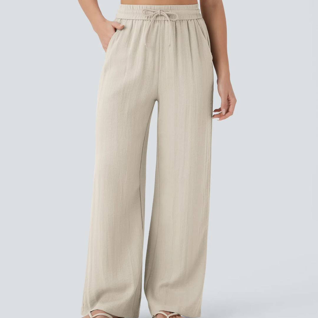 High-waisted drawstring wide-leg pants with side pockets