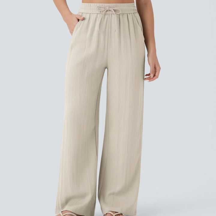 High-waisted drawstring wide-leg pants with side pockets