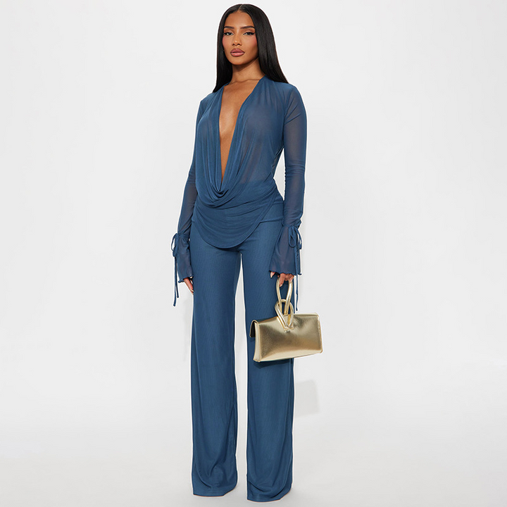 Deep V-neck flared pants set with ruffled trim