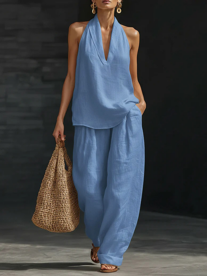 Halberd neck V-neck slimming wide-leg pants set
