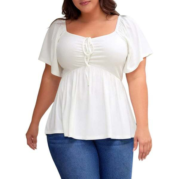 U-neck tie-waist puff sleeve top