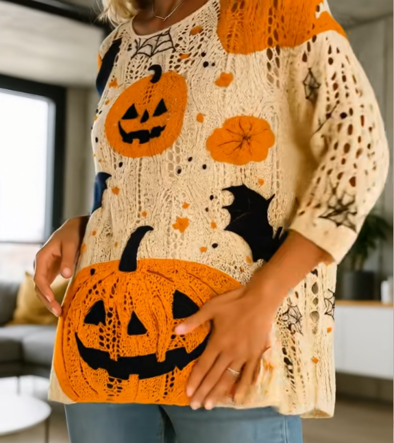 Halloween Pumpkin Print Long-Sleeve Sweater