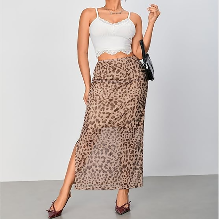 Leopard Mesh High-Slit Maxi Skirt