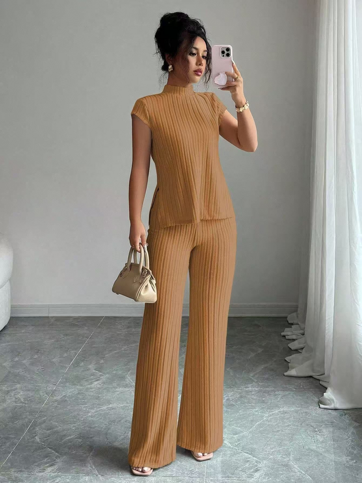 Casual solid color ribbed casual pants suit