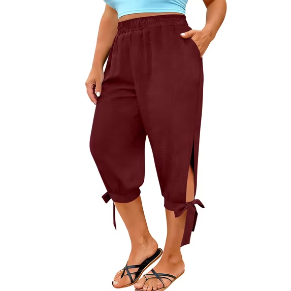 Slit tie-up cropped casual pants