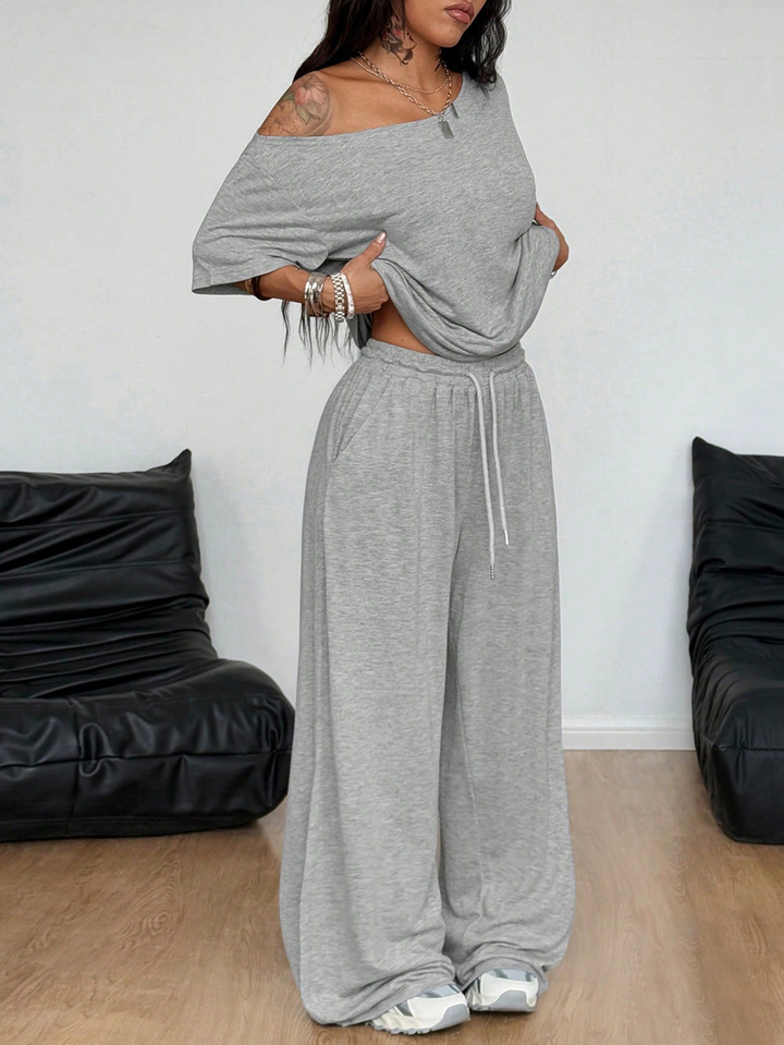 Asymmetrical collar loose-fitting pants suit