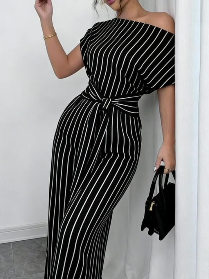 Off-shoulder tie-up jumpsuit wide-leg pants