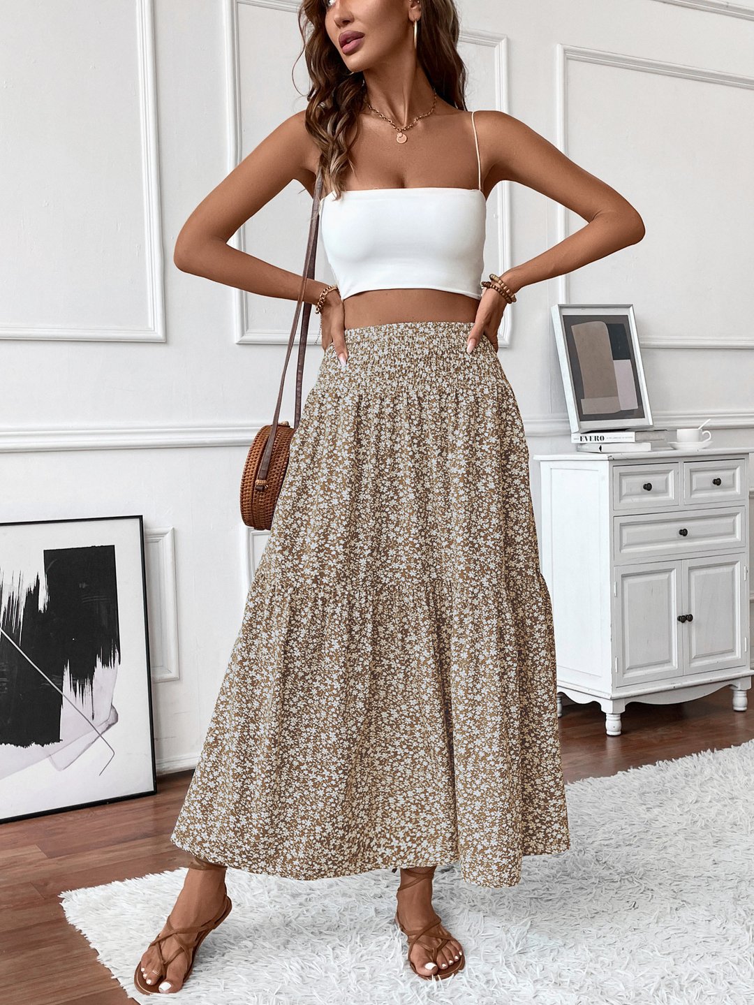 Floral print three-layer patchwork long skirt