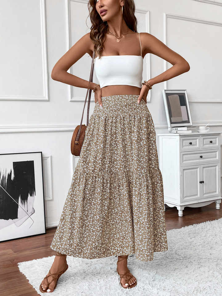 Floral print three-layer patchwork long skirt