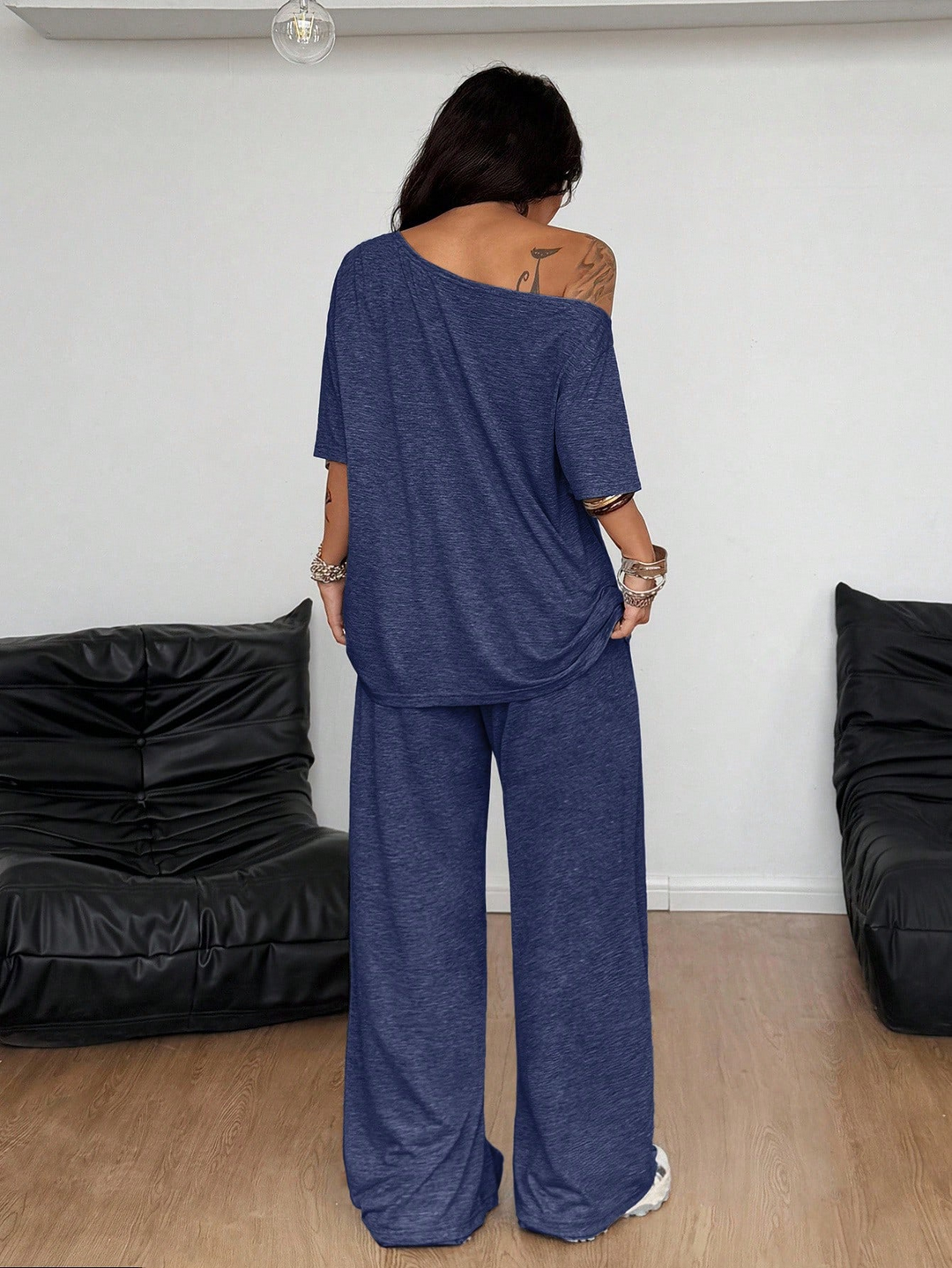 Asymmetrical collar loose-fitting pants suit