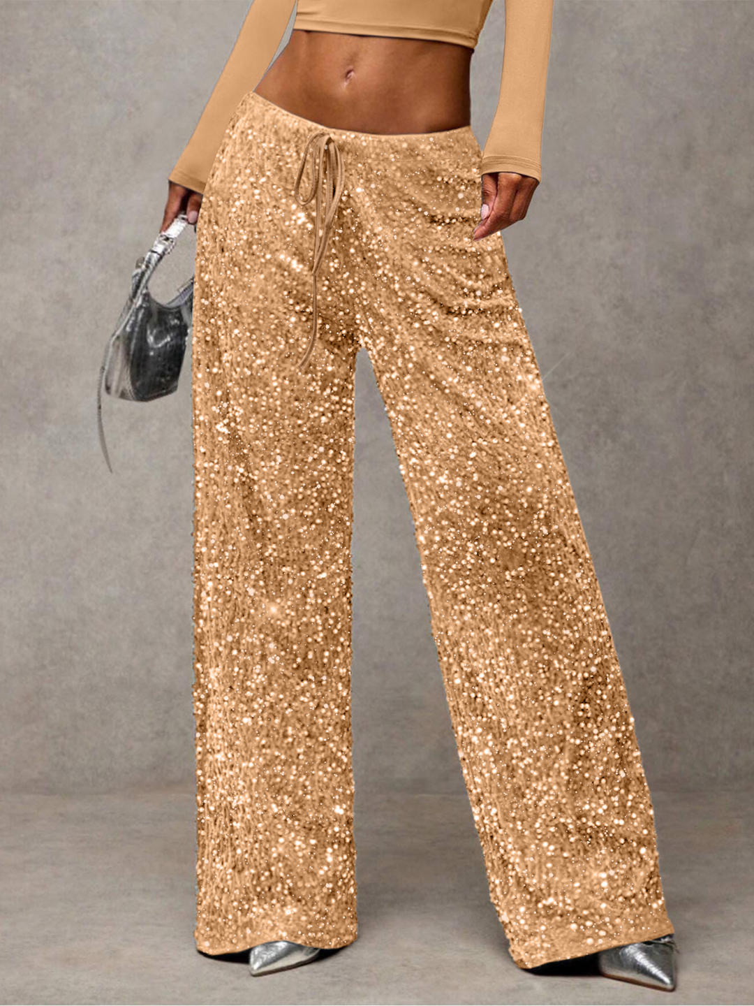 Sequined drawstring stretch straight leg pants