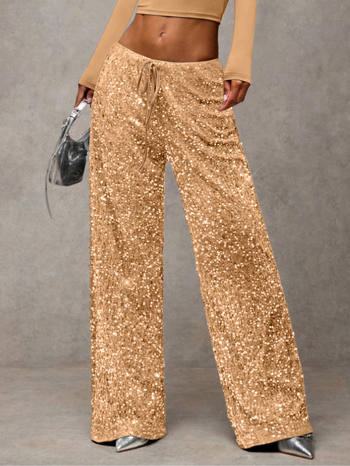 Sequined drawstring stretch straight leg pants