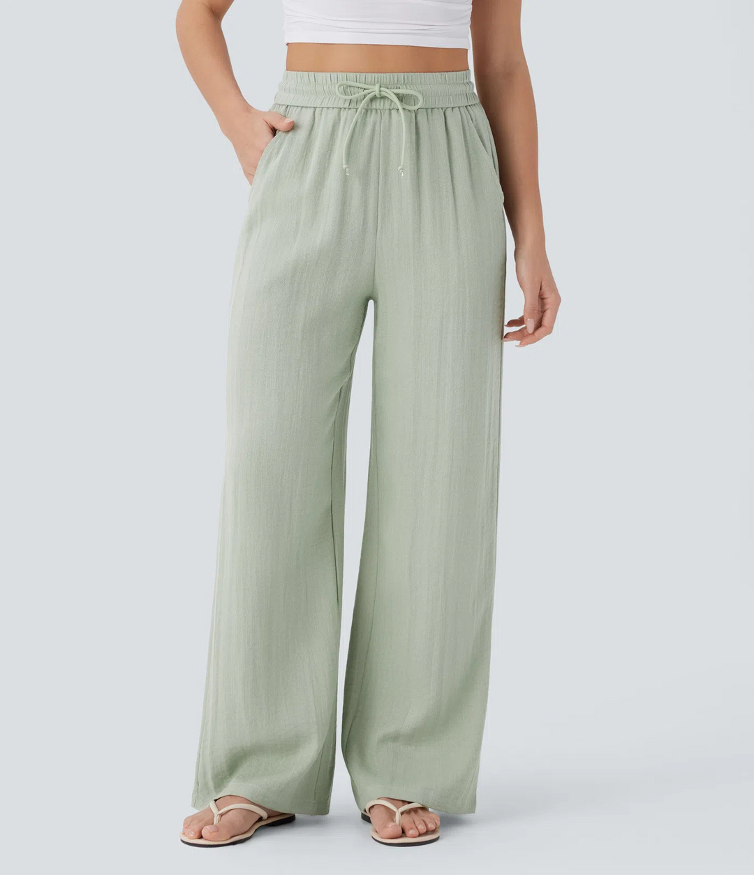 High-waisted drawstring wide-leg pants with side pockets