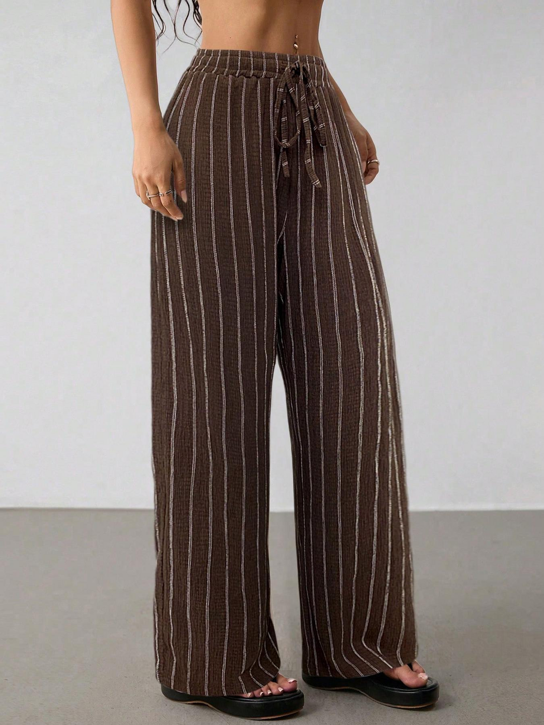 Loose striped drawstring wide-leg pants