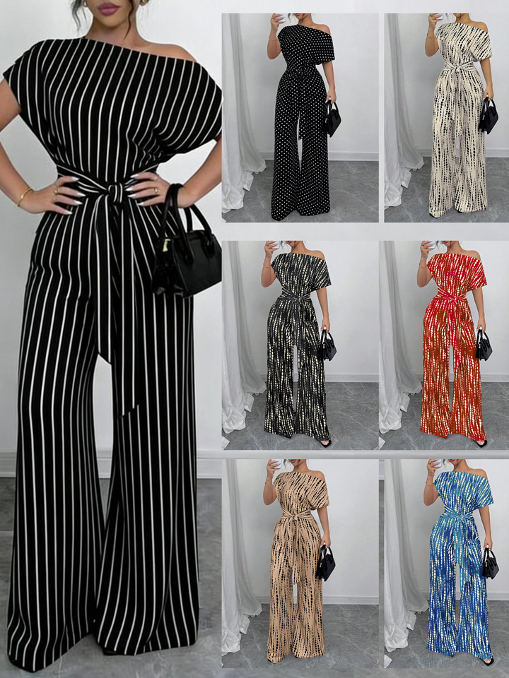 Off-shoulder tie-up jumpsuit wide-leg pants