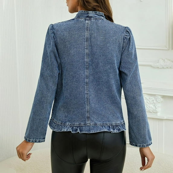 Ruffle Trim Open Front Denim Jacket for Women