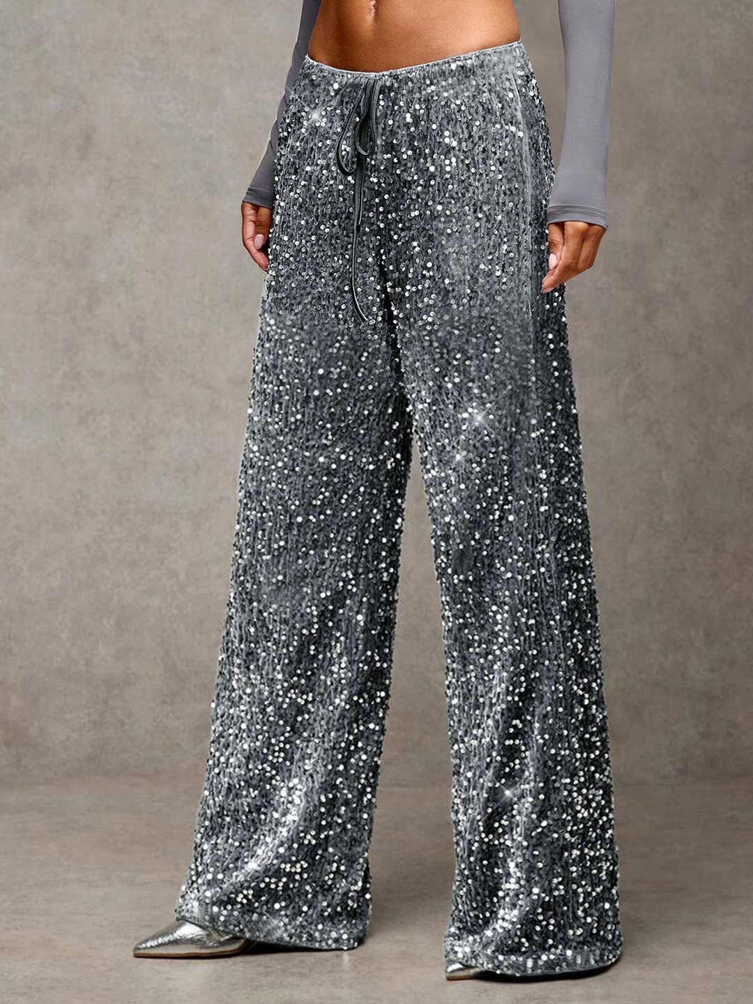 Sequined drawstring stretch straight leg pants