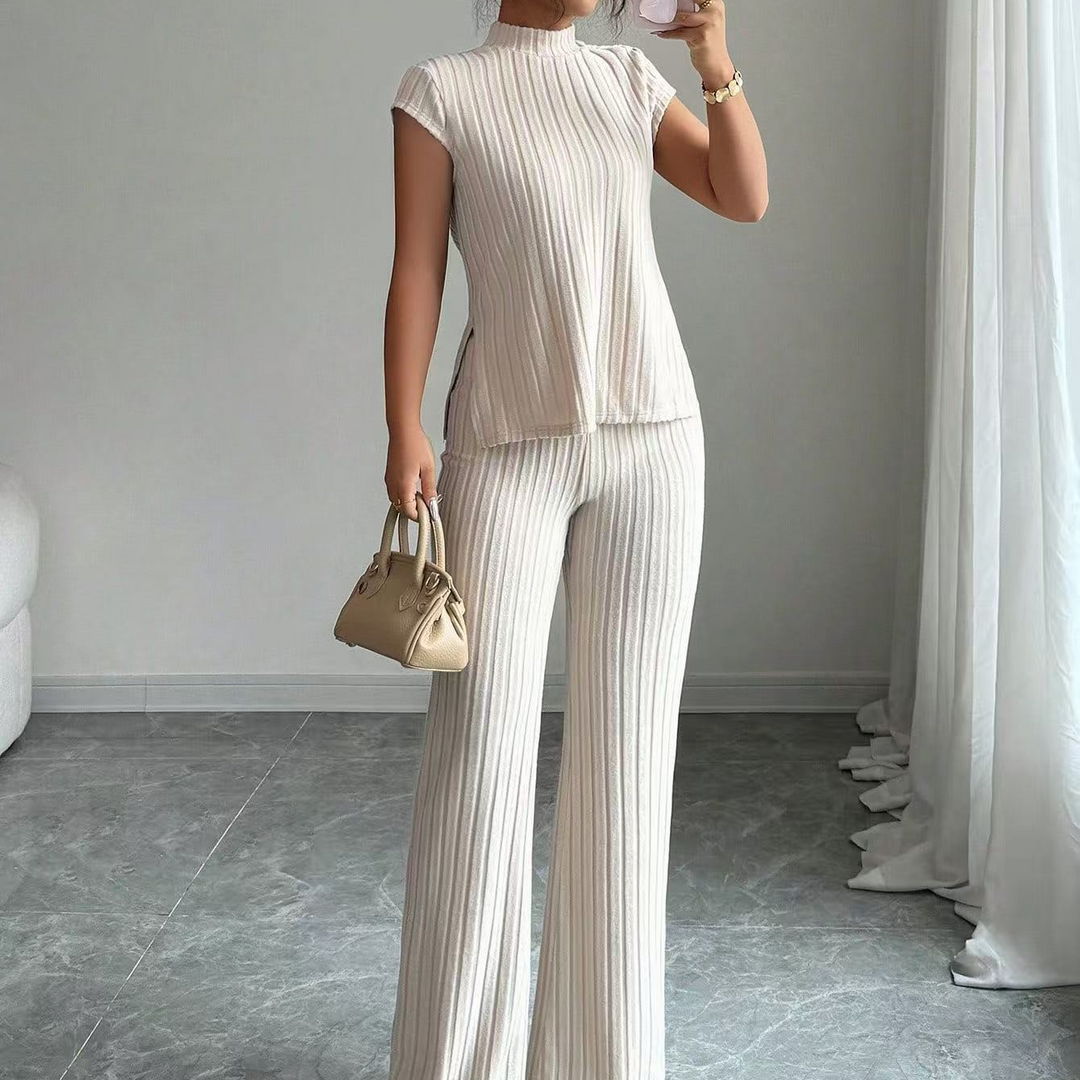 Casual solid color ribbed casual pants suit