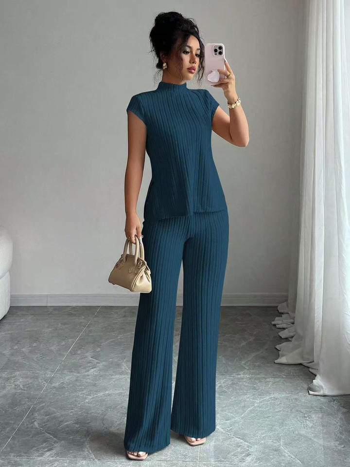 Casual solid color ribbed casual pants suit