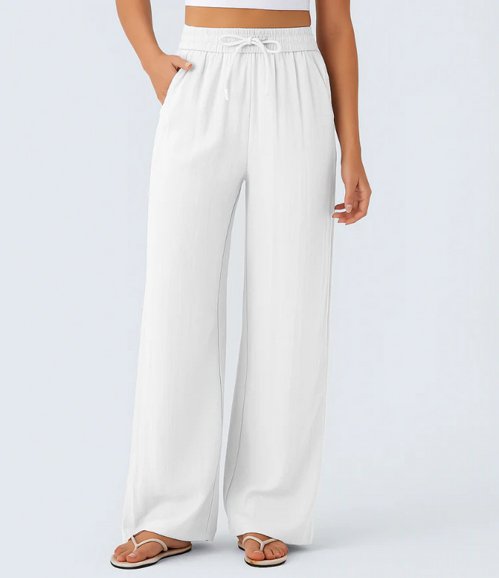 High-waisted drawstring wide-leg pants with side pockets