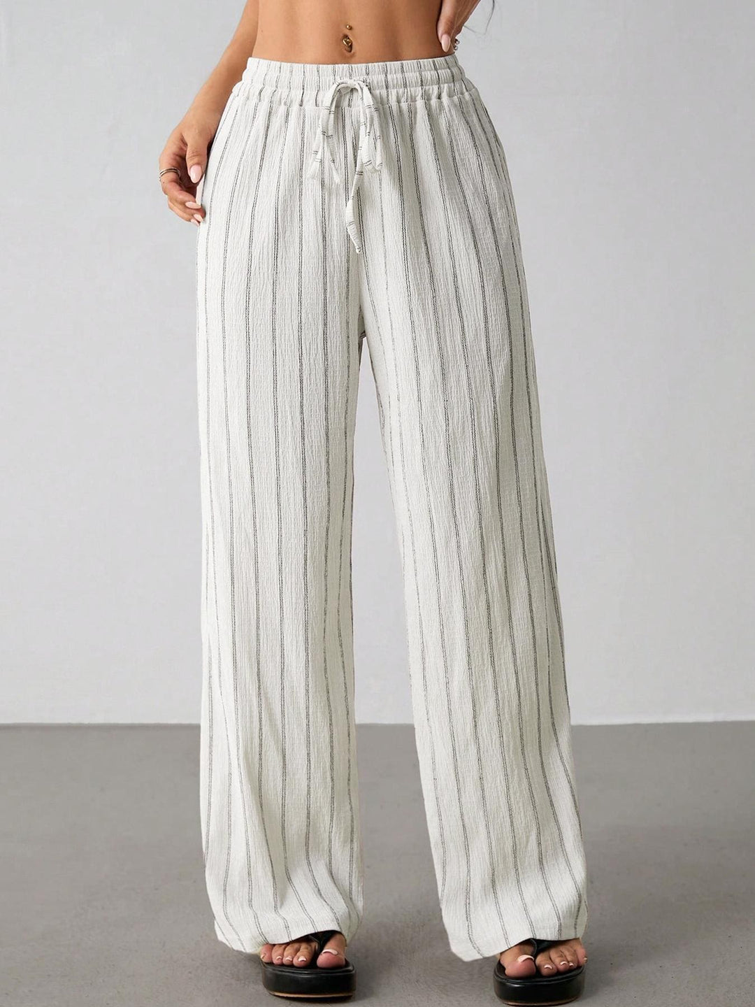 Loose striped drawstring wide-leg pants
