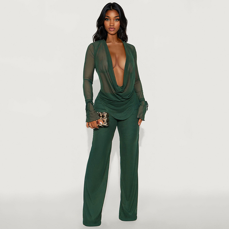 Deep V-neck flared pants set with ruffled trim