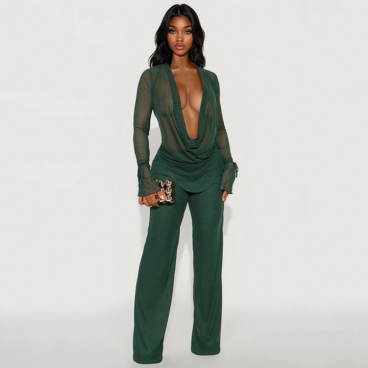 Deep V-neck flared pants set with ruffled trim