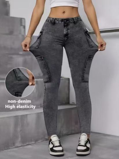 Elastic Digital Printed Faux Jeans