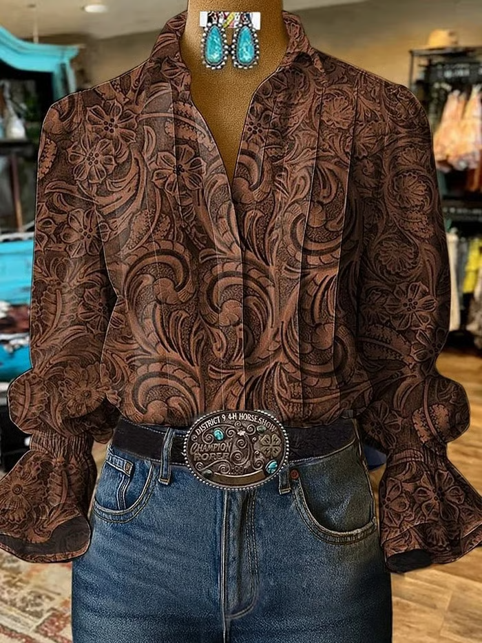 Women's Casual Bubble Sleeve Patterned Shirt